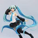 The Flying Hatsune Miku 20cm PVC Figure by Hatsune Miku presents the iconic Vocaloid with teal pigtails, white top, teal tie, black skirt with accents, and thigh-high boots. Dynamically posed with a hand near her face and a slight smile, it&