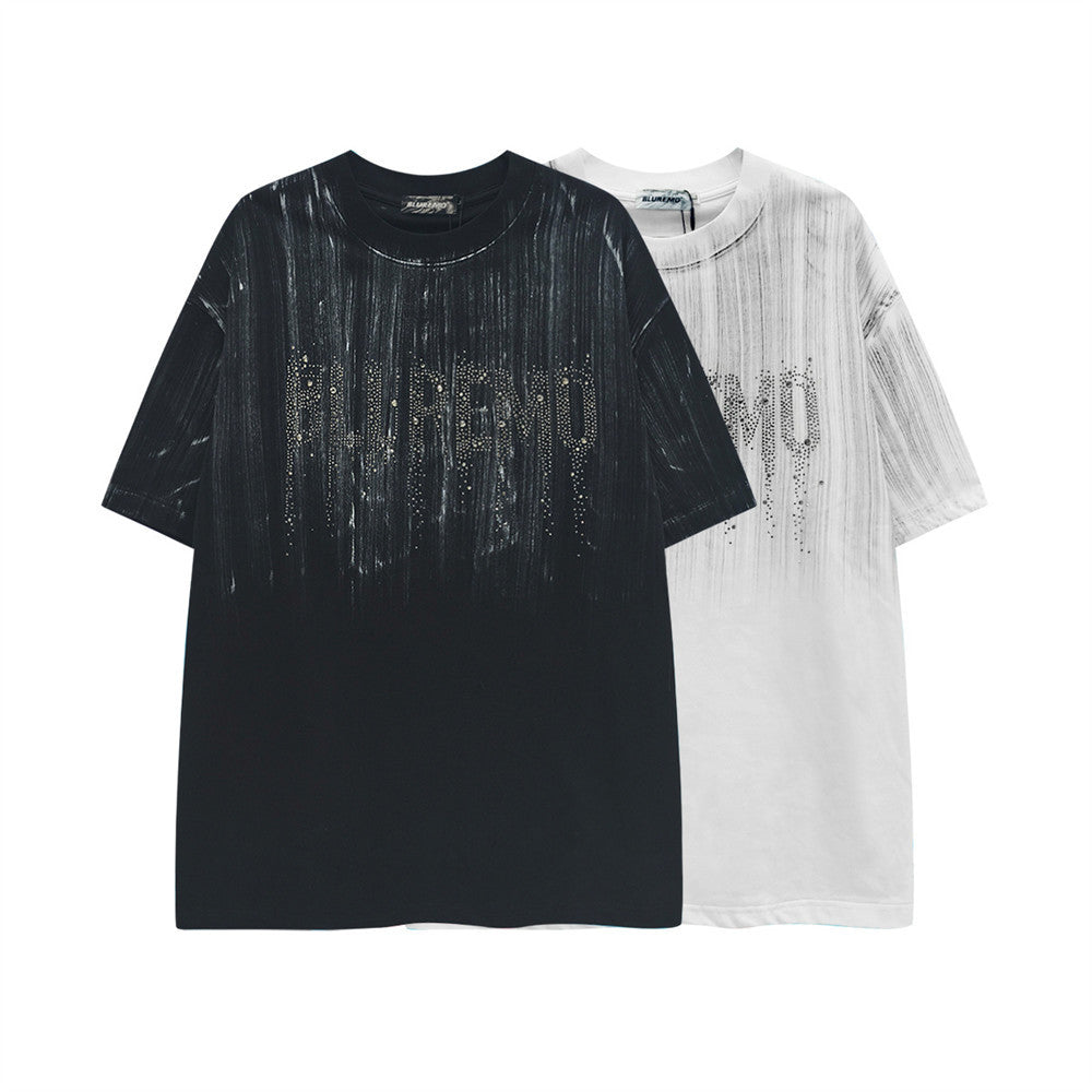 BLUREMO black oversized t-shirt with graffiti ink splash print and rhinestone logo on chest