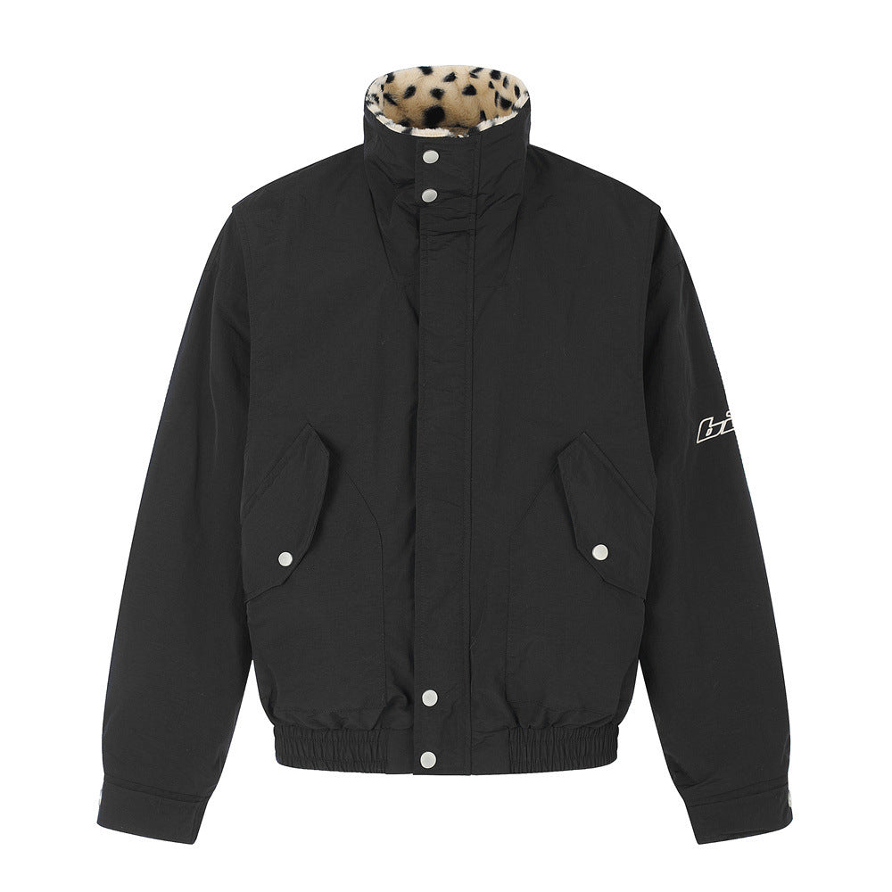 Reversible Stand-Collar Jacket Men's Dalmatian Faux Fur & Nylon Oversized Bomber