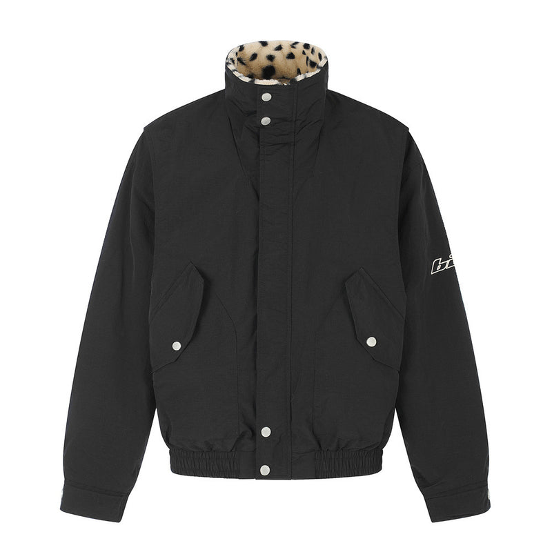 Reversible Stand-Collar Jacket Men's Dalmatian Faux Fur & Nylon Oversized Bomber