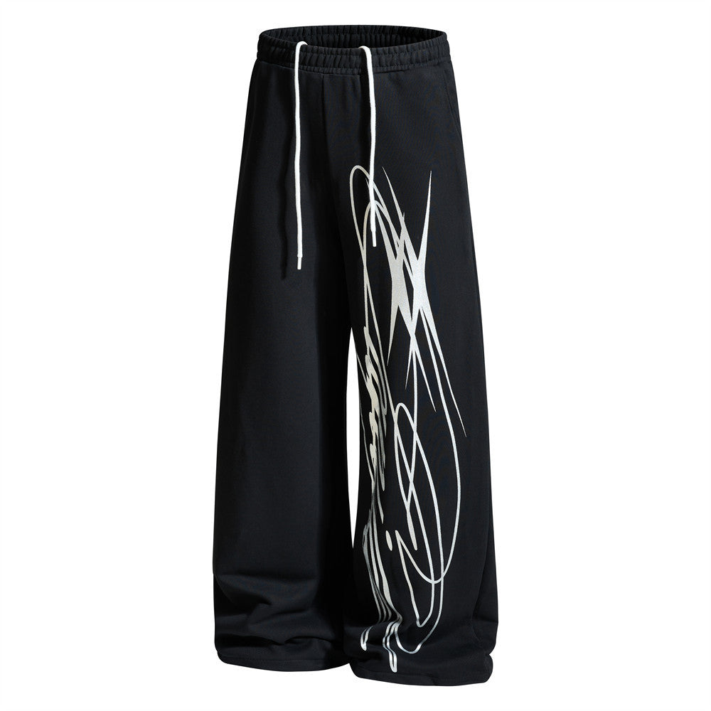Wide-Leg Graffiti Print Sweatpants – Relaxed Straight-Fit Drawstring Jogger