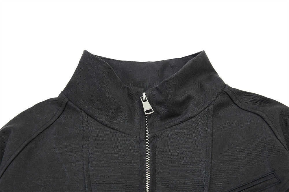 Men's Stand Collar Bomber Jacket with Sculptural Seam Detail