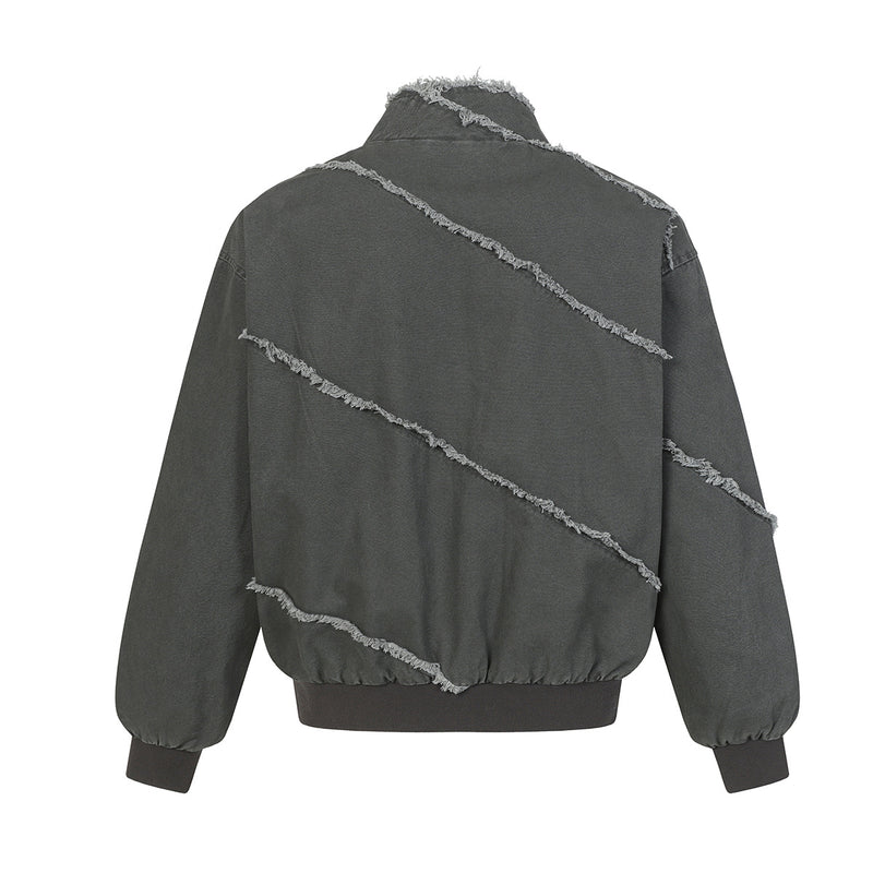 Chaqueta bomber deconstruida con costuras deshilachadas – Estilo universitario de algodón lavado