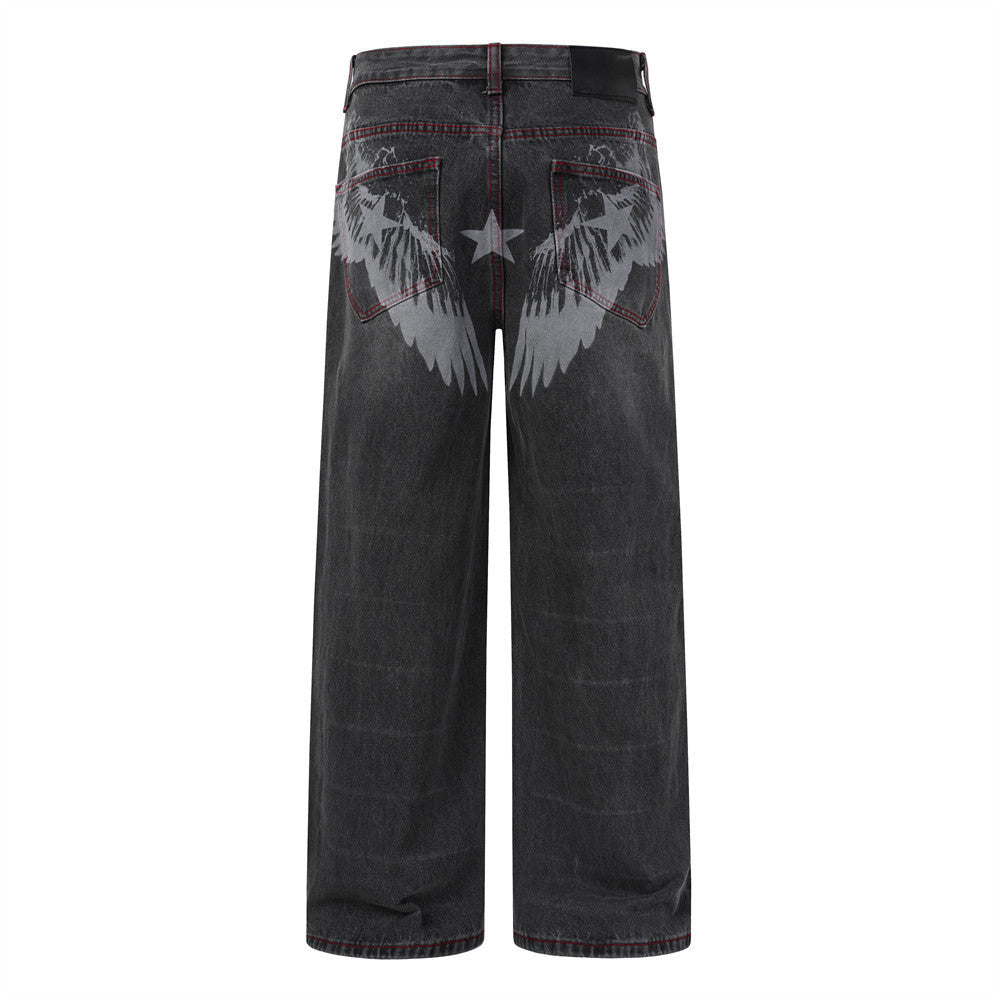 Wide Leg Jeans with Wing & Star Back Print, Red Contrast Stitching