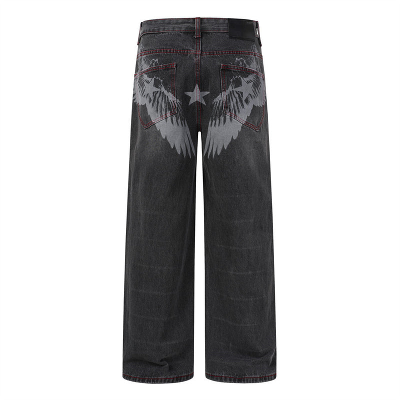 Wide Leg Jeans with Wing & Star Back Print, Red Contrast Stitching