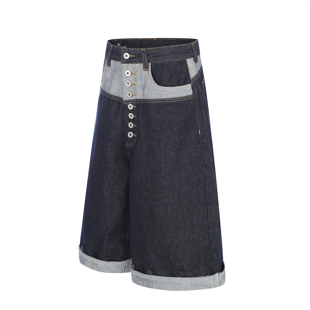 Men's Contrast Patchwork Denim Shorts Wide-Leg Button-Fly Bermuda