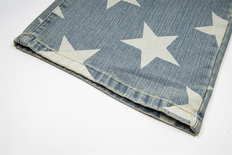 All-Over Star Print Wide Leg Jeans – Vintage Wash Retro Streetwear Denim
