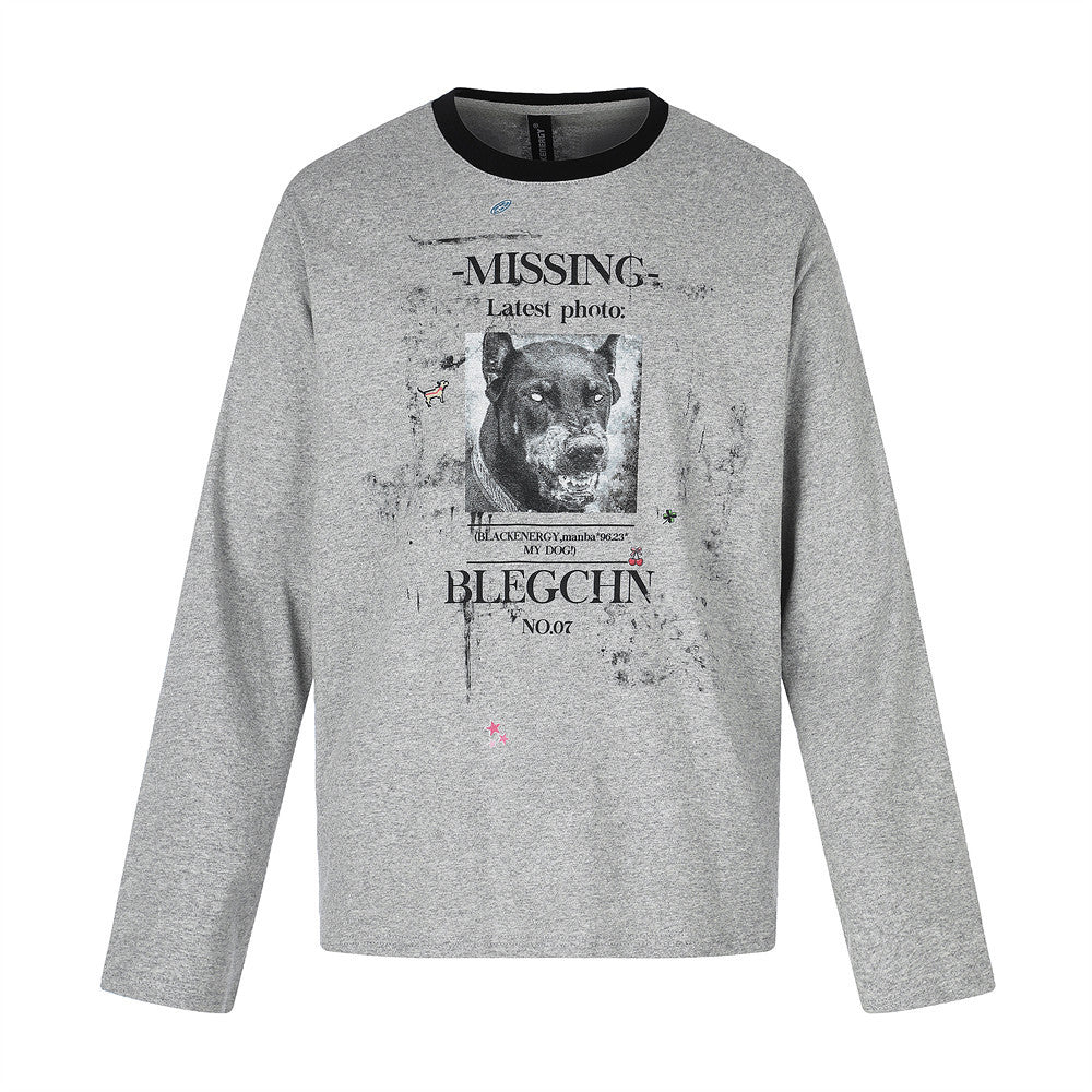 Missing Dog Graphic Long Sleeve T-Shirt – Men's Oversized Crew Neck