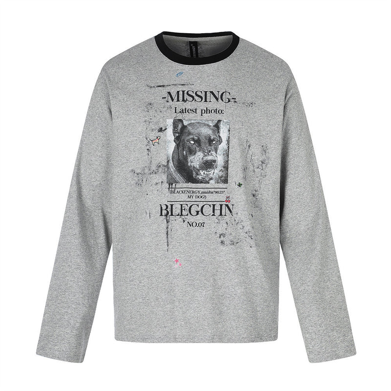 Missing Dog Graphic Long Sleeve T-Shirt – Men's Oversized Crew Neck