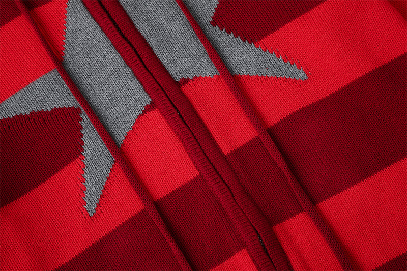 Striped Knit Zip-Up Hoodie with Star Graphic – Cropped Retro Sweater