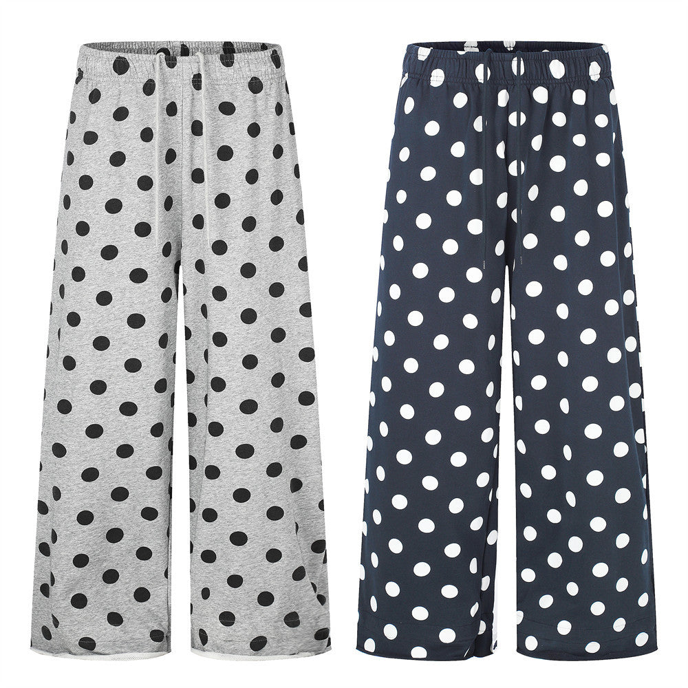 Polka Dot Wide-Leg Pants with Elastic Drawstring Waist
