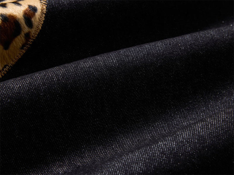 Loose Fit Jeans Men – Black Wide-Leg Denim with Leopard Print Appliqué Patches
