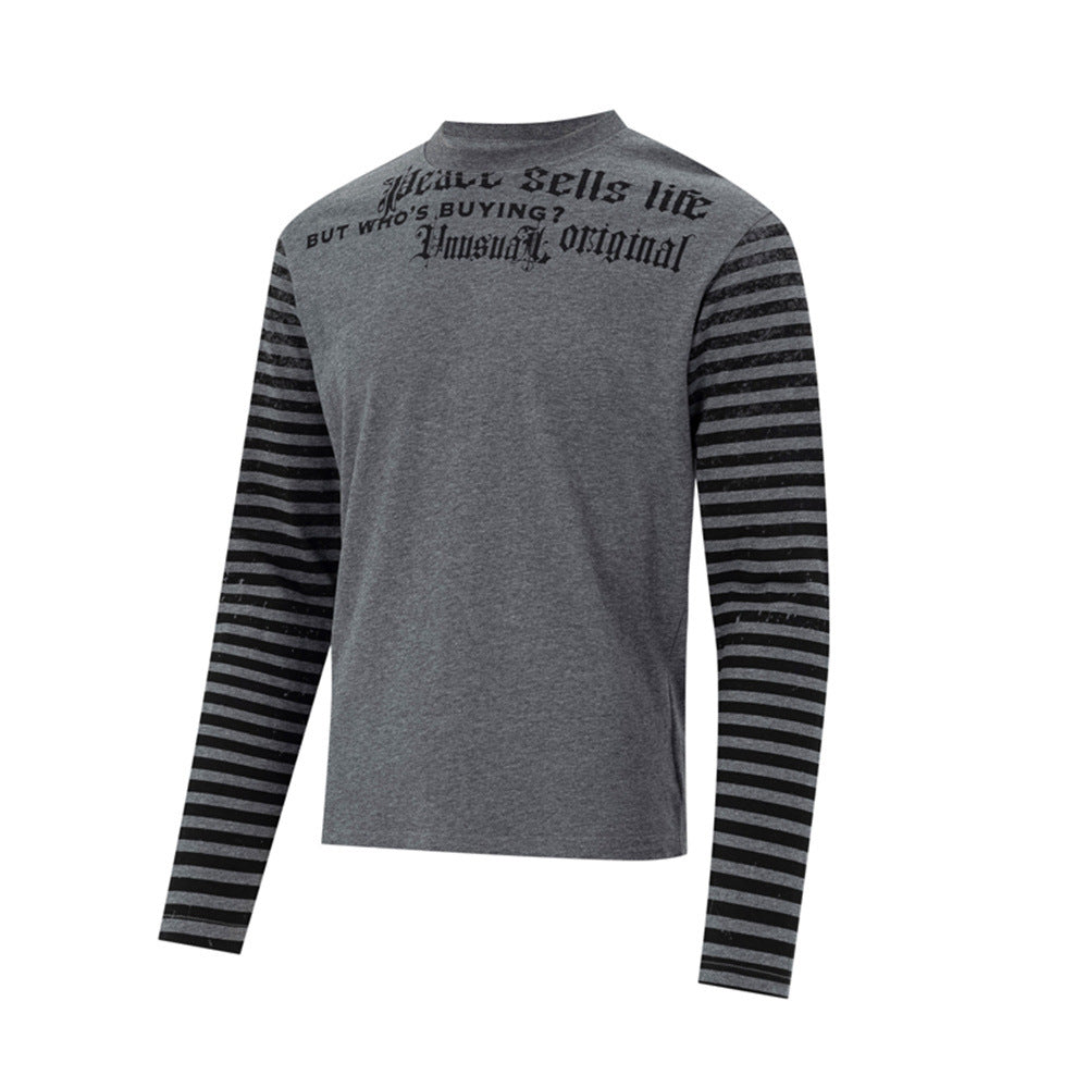 Men's Gothic Letter Print Long-Sleeve Tee with Striped Sleeve Splice