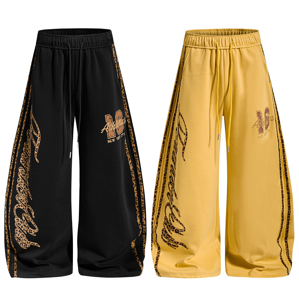 Wide-Leg Sweatpants with Leopard Print Side Panels & Varsity Graphic