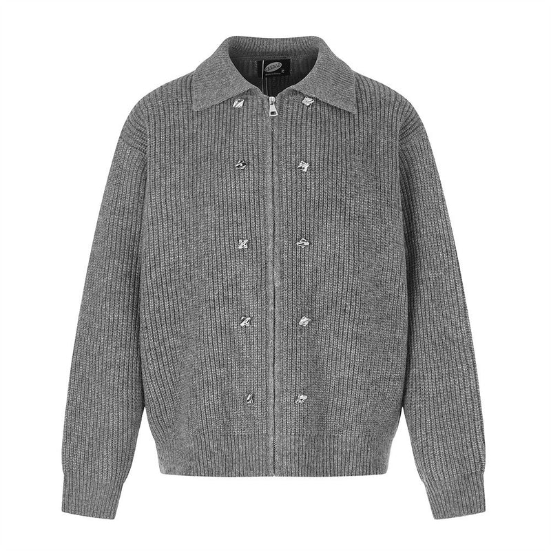 Ribbed Knit Zip-Up Cardigan Jacket – Oversized Fit with Metal Hardware Detail