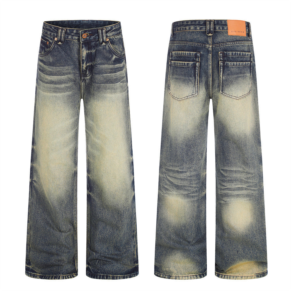 Herren-Jeans mit weitem Bein im Vintage-Washed-Look – Retro-Blauverlauf und Used-Denim