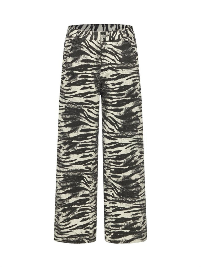 Zebra Print Wide-Leg Jeans – Men's Straight Fit Punk Street Style Denim Pants