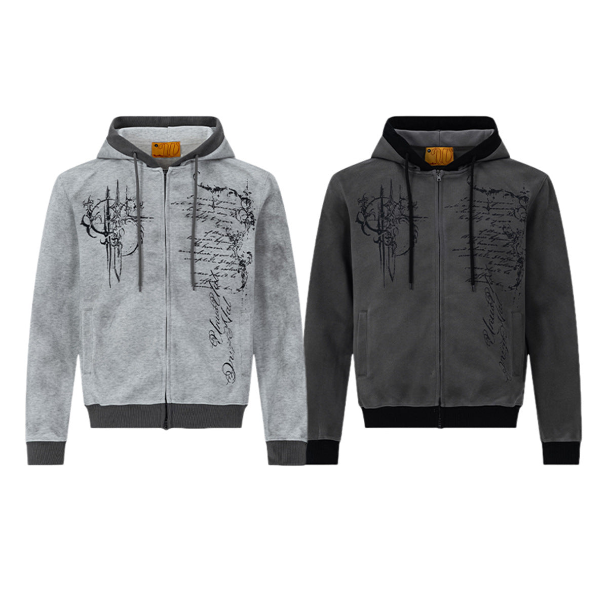 Hoodie mit Gothic-Schriftzug und Reißverschluss – Gewaschener Vintage-Dark-Style