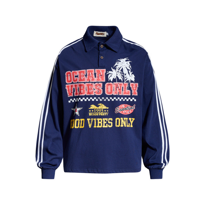 メンズ ネイビーブルー 長袖ラグビーポロシャツ Ocean Vibes Onlyグラフィックプリント、ホワイトコントラストストライプスリーブ
