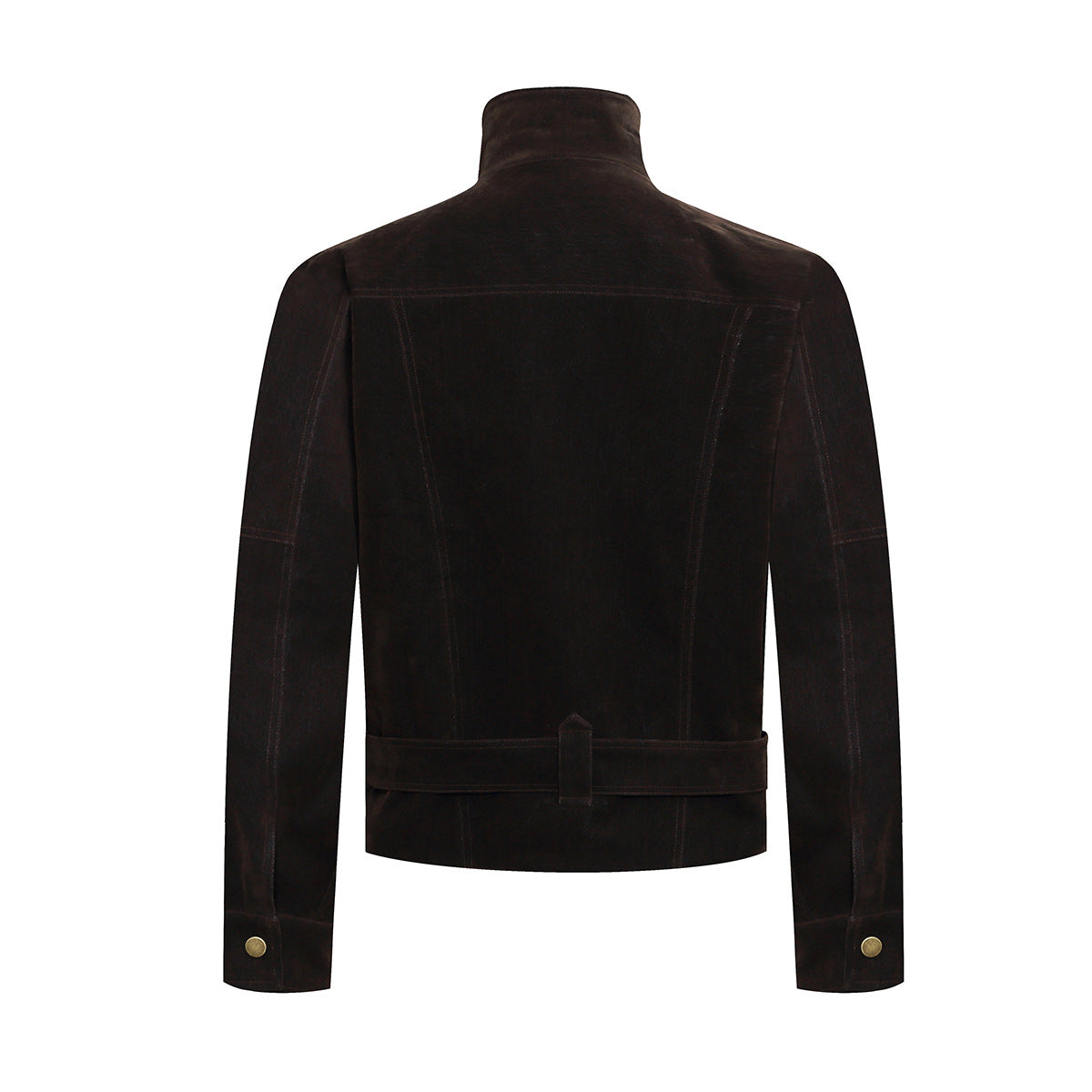 Dark Brown Suede Moto Jacket – Snap Button Stand Collar Belted Harrington