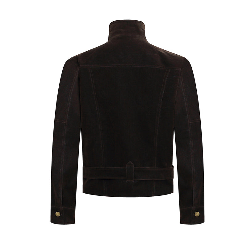 Dark Brown Suede Moto Jacket – Snap Button Stand Collar Belted Harrington