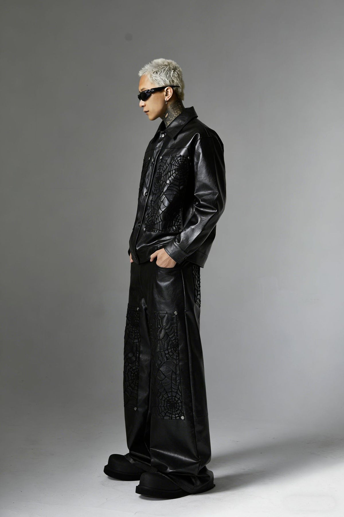 Wide-Leg Faux Leather Pants with Spiderweb Embossed Panels