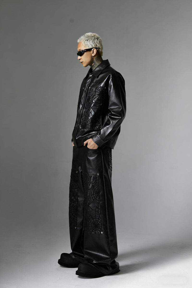 Wide-Leg Faux Leather Pants with Spiderweb Embossed Panels