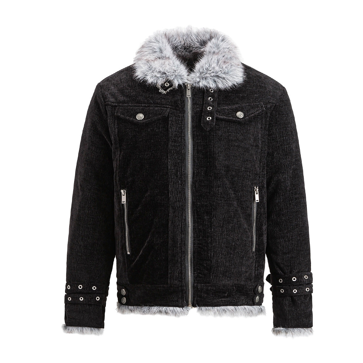 Faux Fur Lined Chenille Moto Jacket – Black Winter Biker Coat with Fur Collar &