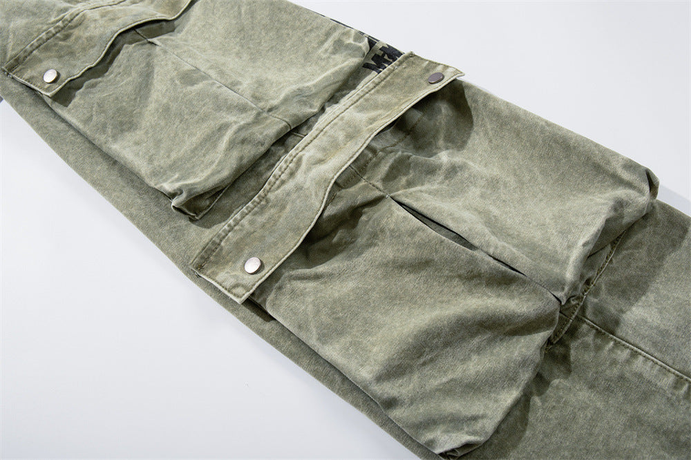 Wide-Leg Cargo Pants with Tribal Graphic & Letter Print – Acid Wash Army Green