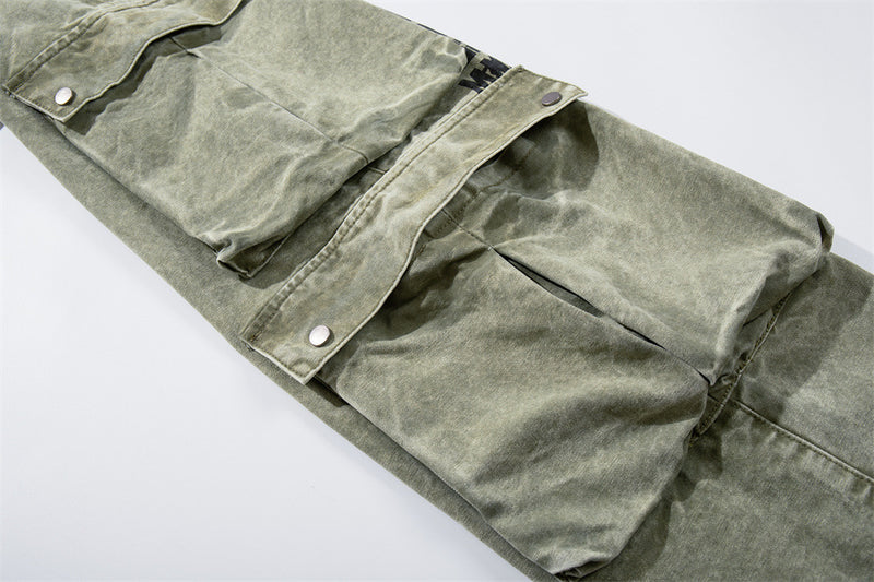Wide-Leg Cargo Pants with Tribal Graphic & Letter Print – Acid Wash Army Green