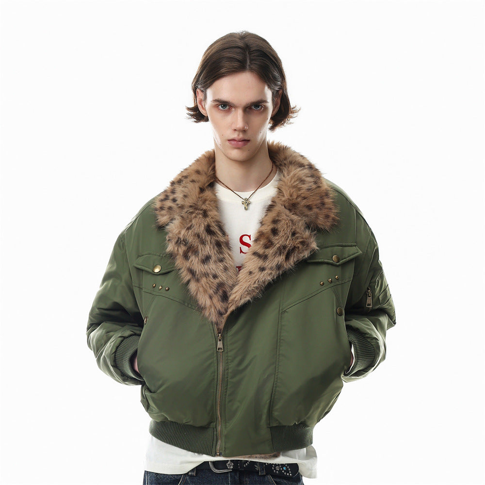 Men's oversized army green padded bomber jacket with leopard-print faux fur collar and brass rivet detail, front and back vie