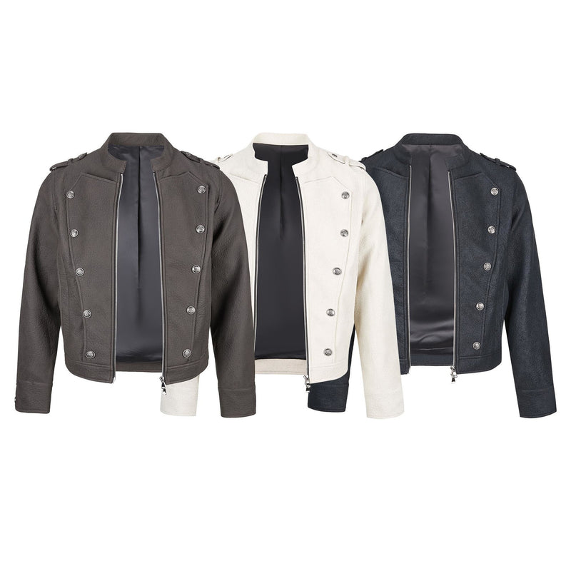 Military-Style Faux Leather Jacket with Double-Breasted Buttons & Zip Front