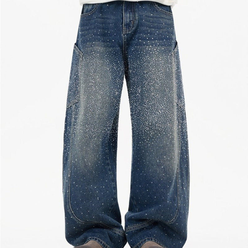 Rhinestone Wide-Leg Jeans – Men's Distressed Denim with Large Cargo Pockets &