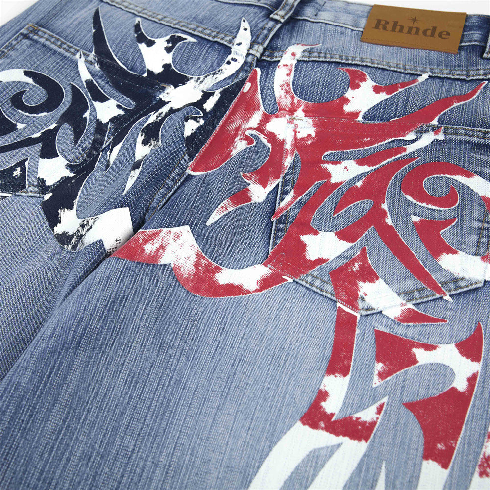 Wide-Leg Jeans Men's Washed Denim with Tribal Wing Graphic Print