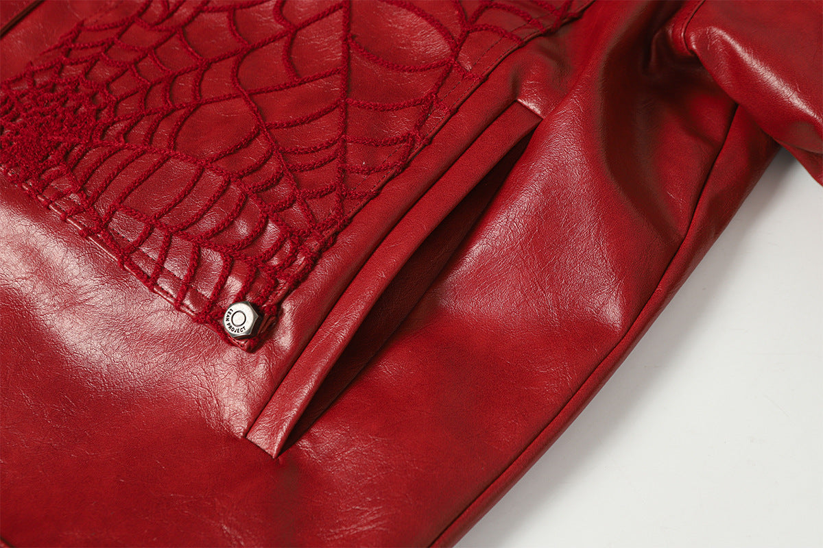 Spiderweb Embroidered PU Leather Jacket – Oversized Moto Fit