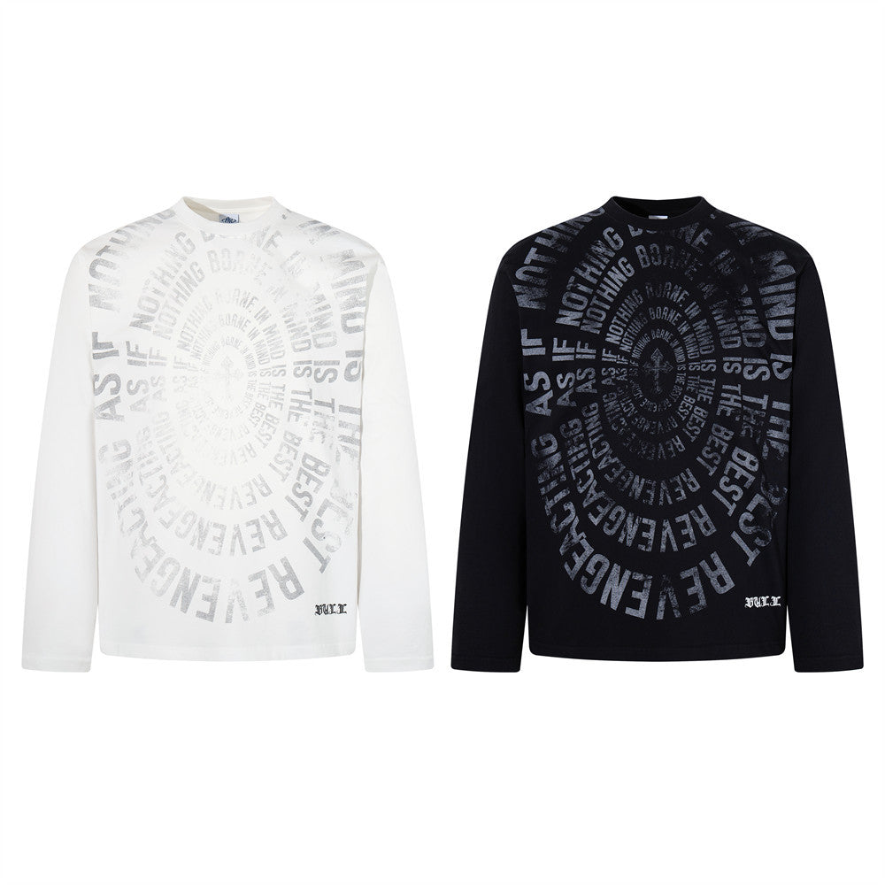 T-shirt oversize à manches longues graphique – Imprimé texte spiralé usé, col rond