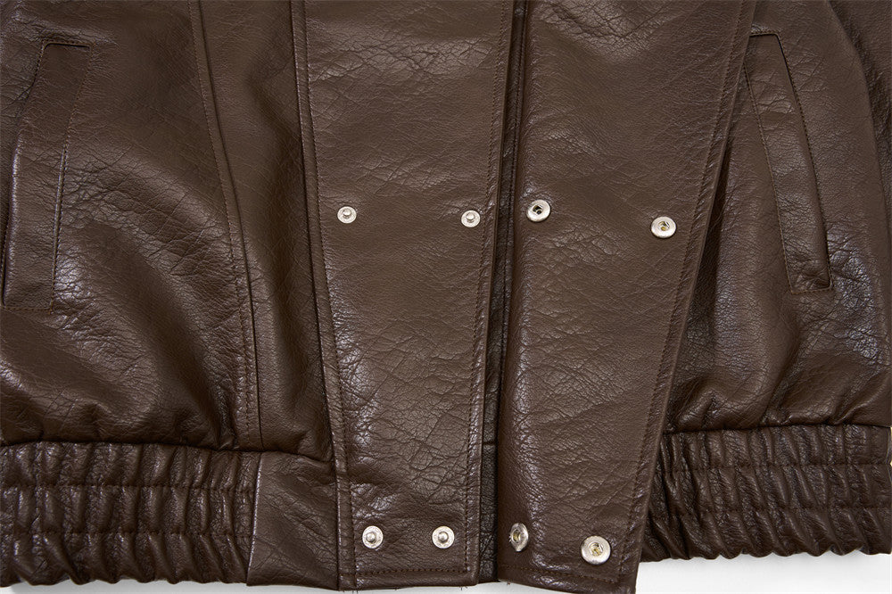 Men's Oversized PU Leather Bomber Jacket – Stand Collar Double-Breasted Snap