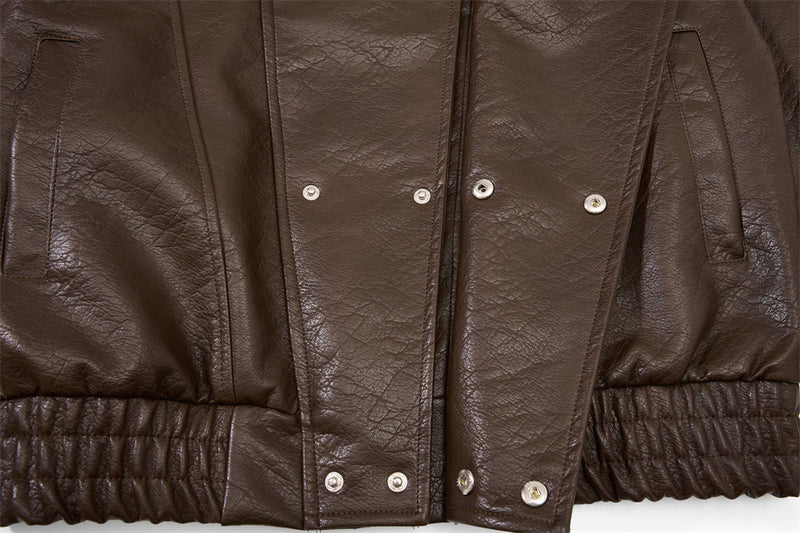 Men's Oversized PU Leather Bomber Jacket – Stand Collar Double-Breasted Snap
