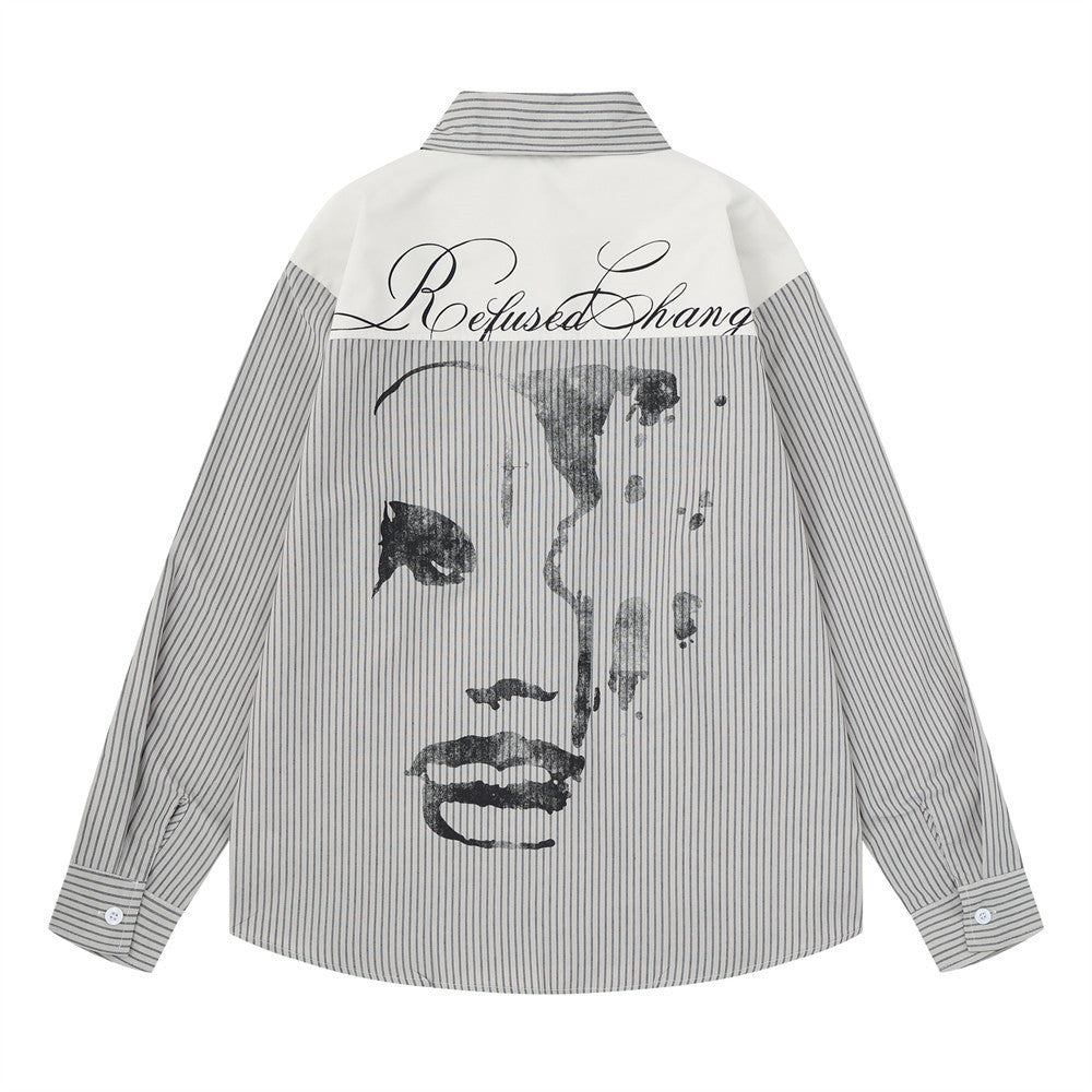 Striped Abstract Face Print Oversized Long Sleeve Shirt