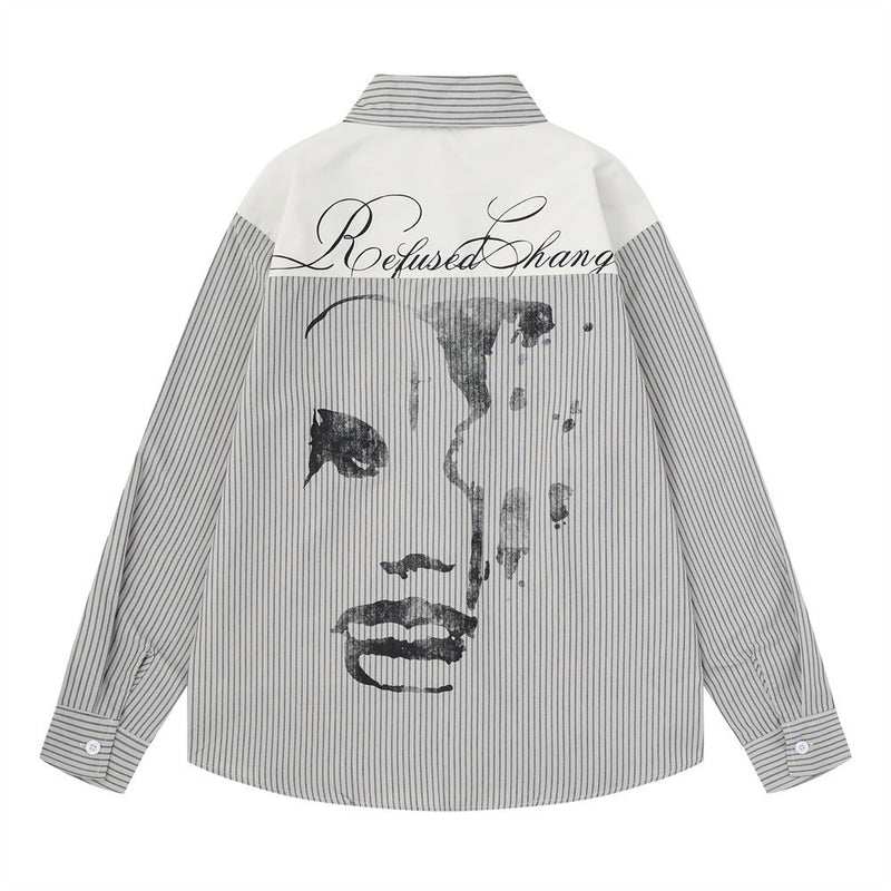 Striped Abstract Face Print Oversized Long Sleeve Shirt