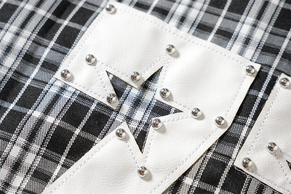 Men's Plaid Long Sleeve Shirt with LUCK Star Letter Patch