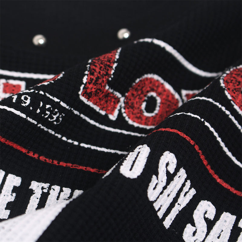 Newspaper Graphic Long Sleeve Waffle Tee – Studded Collar, Distressed Print