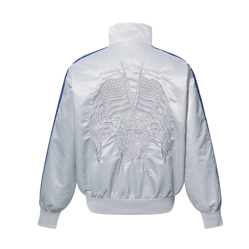 Blouson bomber satiné brodé à col montant et bandes léopard
