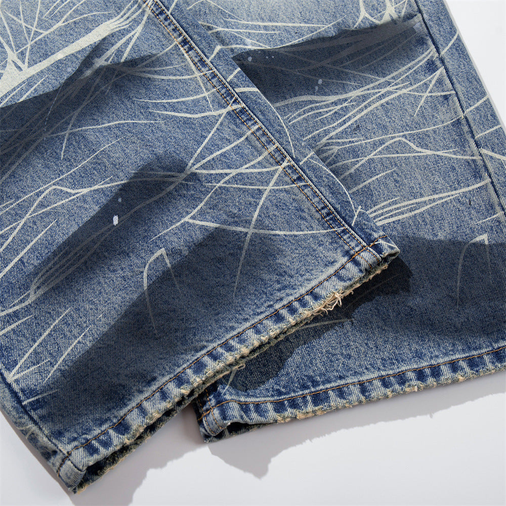 Wide-Leg Jeans with Paint Splatter & Distressed Scratch Print — Grunge Baggy Fit
