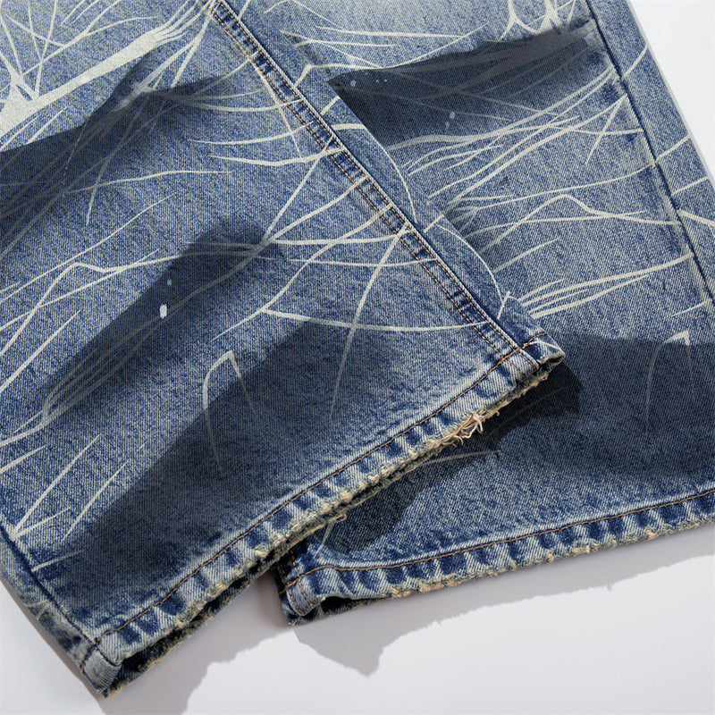 Wide-Leg Jeans with Paint Splatter & Distressed Scratch Print — Grunge Baggy Fit