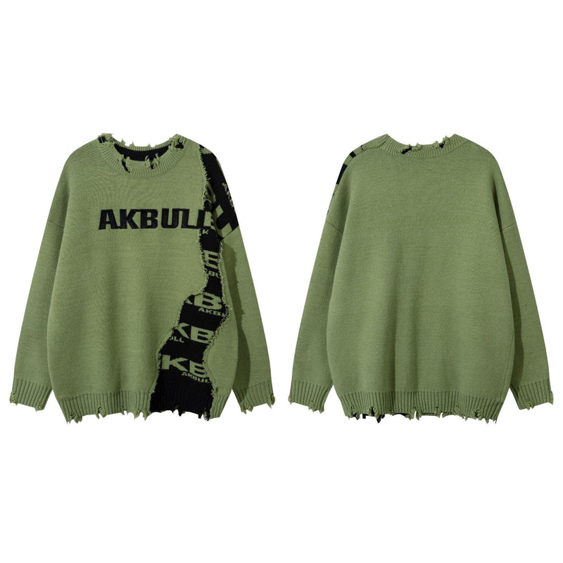 Distressed Raw-Edge Logo Knit Sweater – Oversized Streetwear Pullover