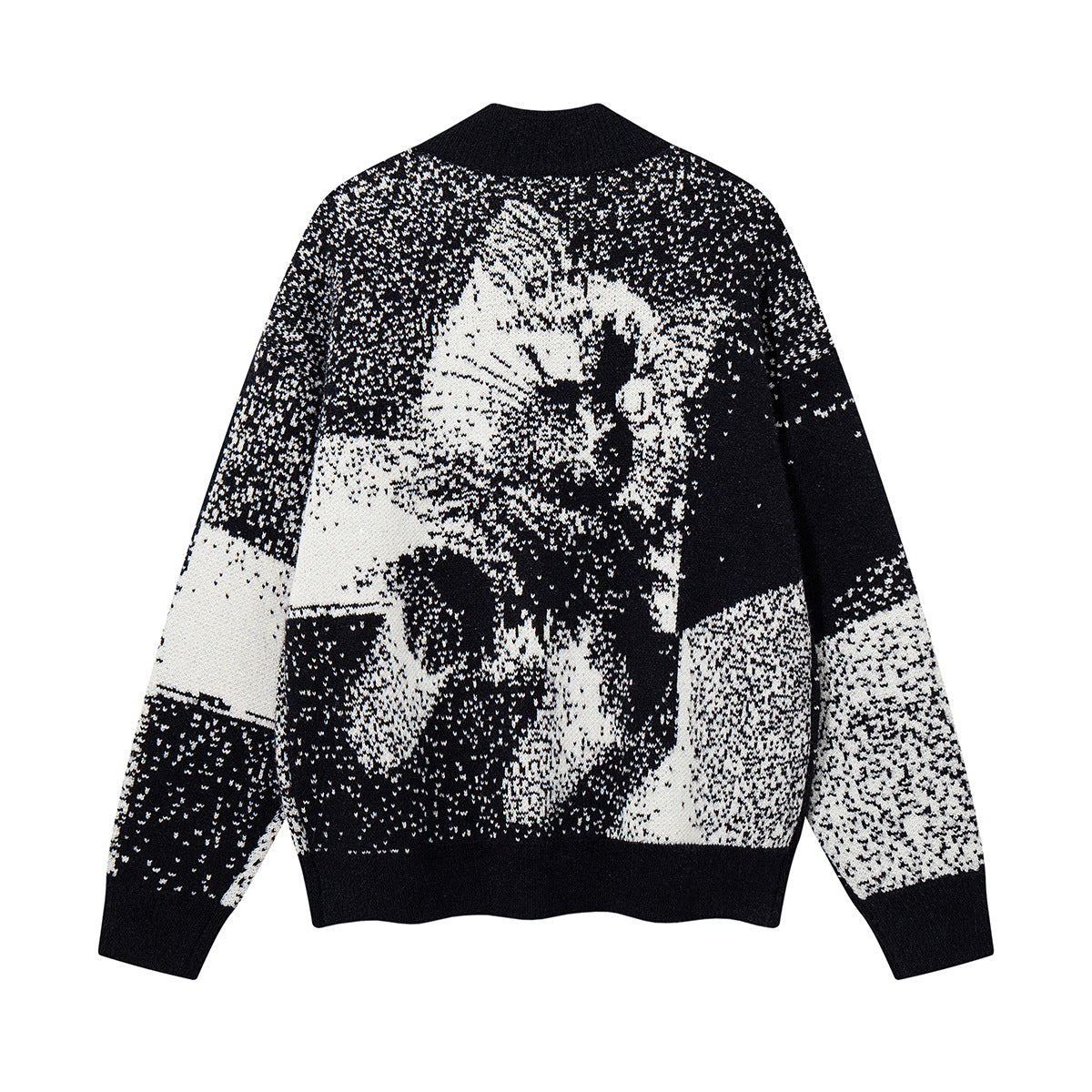 Cat Jacquard Knit Zip-Up Cardigan Sweater – Oversized Pixelated Graphic