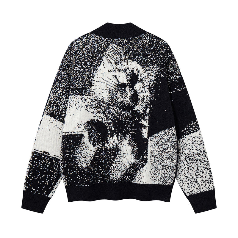 Cat Jacquard Knit Zip-Up Cardigan Sweater – Oversized Pixelated Graphic