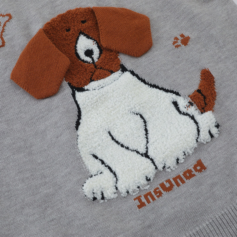 Cartoon Dog Jacquard Crew Neck Sweater – Oversized Knit Pullover