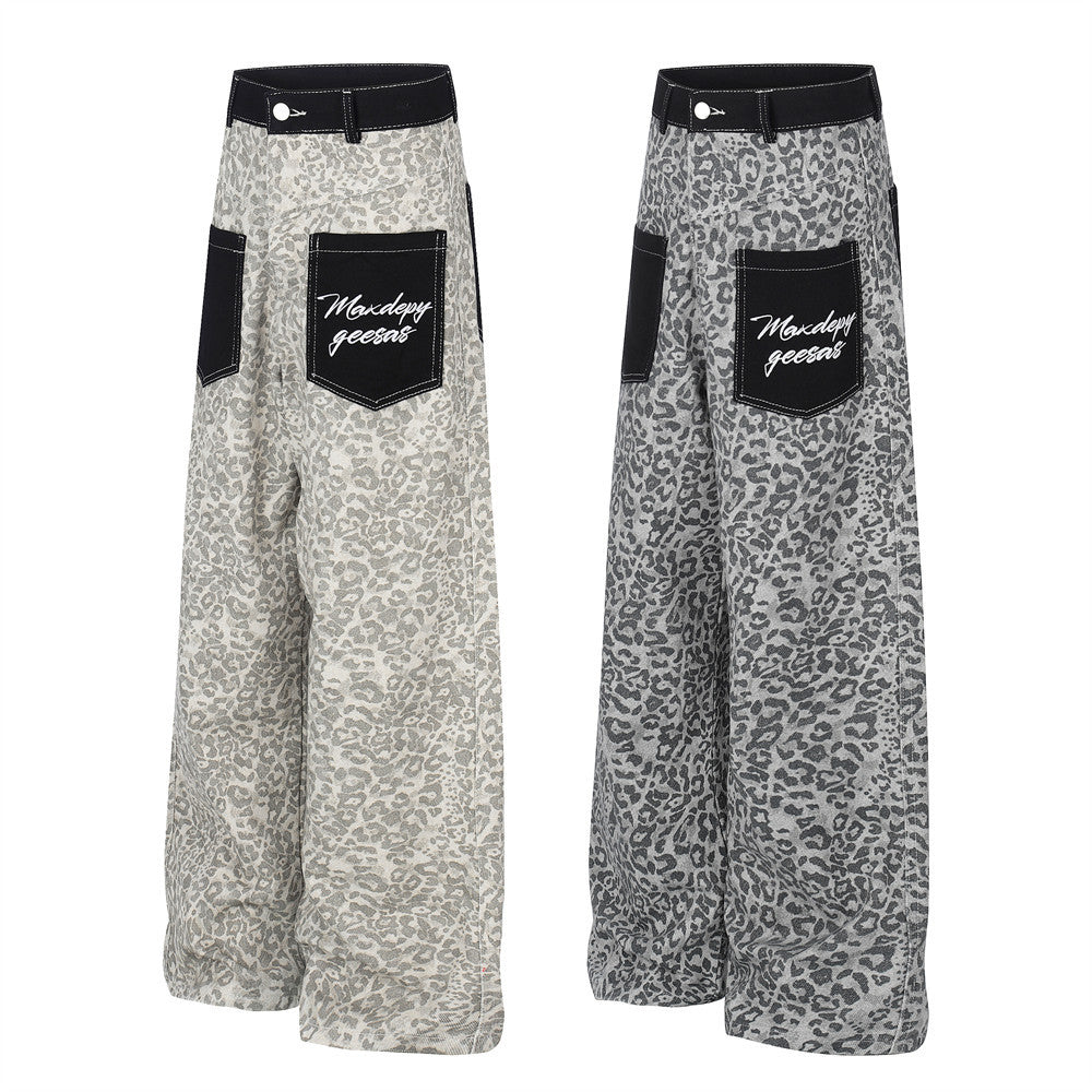 Leopard Print Wide-Leg Cargo Pants – Contrast Pocket Embroidered Streetwear Trou